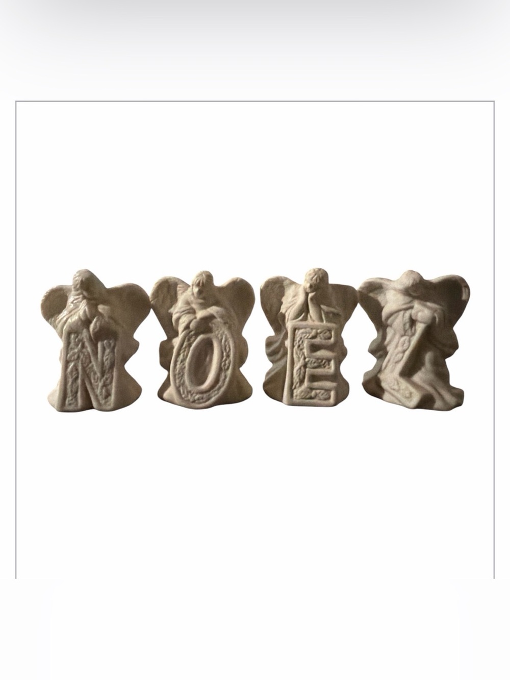 Set of Four Angel Porcelain Figurines that Spell "NOEL" in White Matte Color